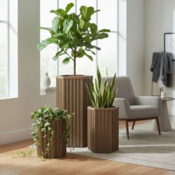 Vynxaria Chestnut Wood Tone Aluminum Hexagon Column Planter with Drainage Adjustable Depth 1 Pack (13 in L x 11 in W x 22 in H)