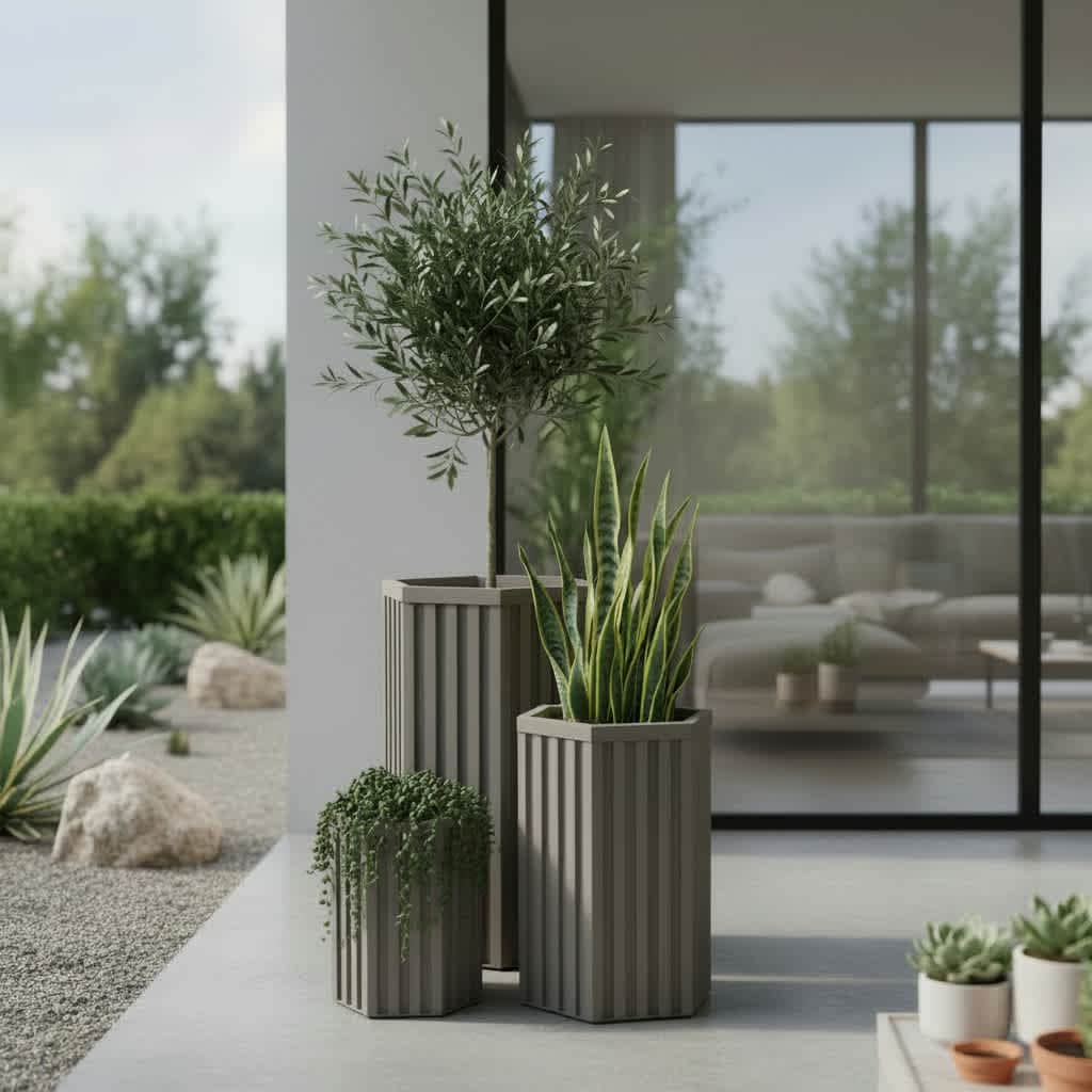 Vynxaria Gray Brown Aluminum Hexagon Column Planter with Drainage Adjustable Depth 1 Pack (13 in L x 11 in W x 22 in H)