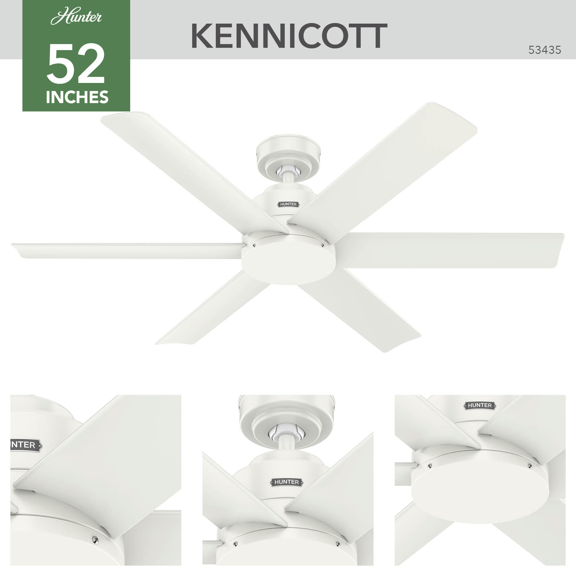 Hunter Kennicott SureSpeed 52-in Fresh White with Fresh White Blades Covered Outdoor Ceiling Fan Without Light and Wall Control Included 6 -Blade