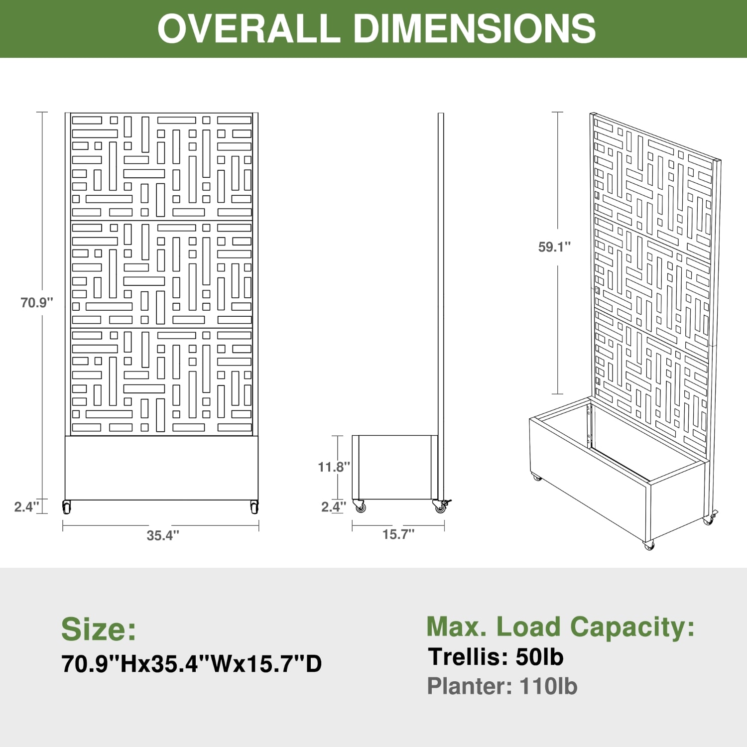 Wooakway 2-pc 6 ft. Hx 3 ft. W Raised Garden Bed Metal Planter Box with Trellis Wheels Privacy Screen Elevated Planter - Gray