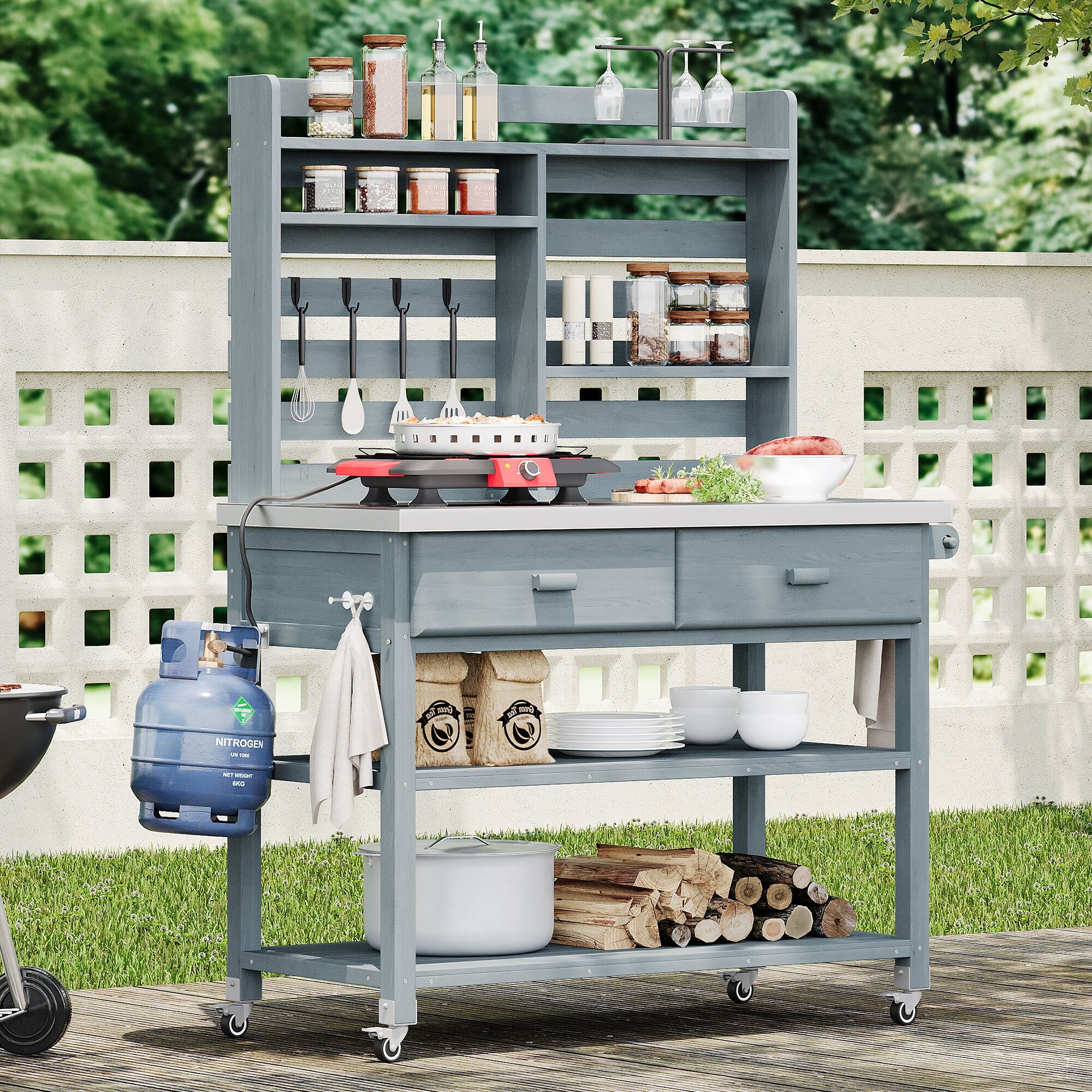 Blisstyle 64.9 Inchh Outdoor Potting Bench Table with Lockable Wheels Solid Wood Outdoor Kitchen Island