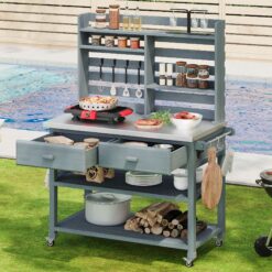 Blisstyle 64.9 Inchh Outdoor Potting Bench Table with Lockable Wheels Solid Wood Outdoor Kitchen Island