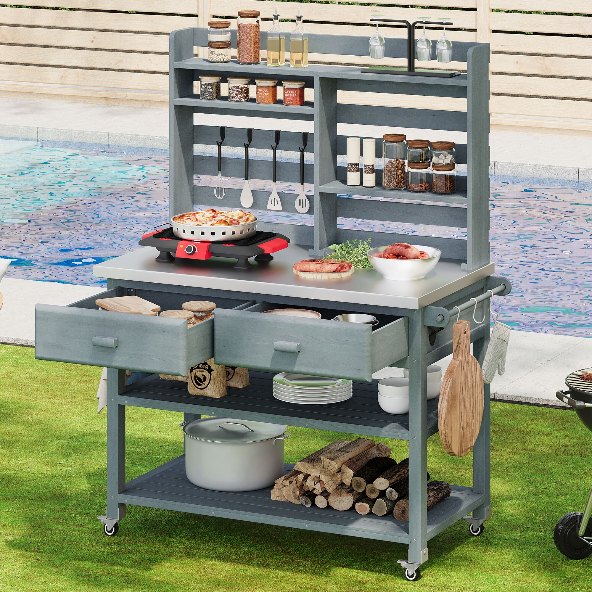 Blisstyle 64.9 Inchh Outdoor Potting Bench Table with Lockable Wheels Solid Wood Outdoor Kitchen Island