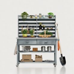 Blisstyle 64.9 Inchh Outdoor Potting Bench Table with Lockable Wheels Solid Wood Outdoor Kitchen Island
