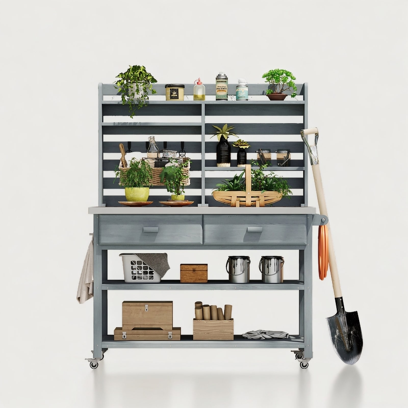 Blisstyle 64.9 Inchh Outdoor Potting Bench Table with Lockable Wheels Solid Wood Outdoor Kitchen Island