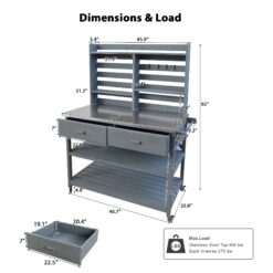 Blisstyle 64.9 Inchh Outdoor Potting Bench Table with Lockable Wheels Solid Wood Outdoor Kitchen Island