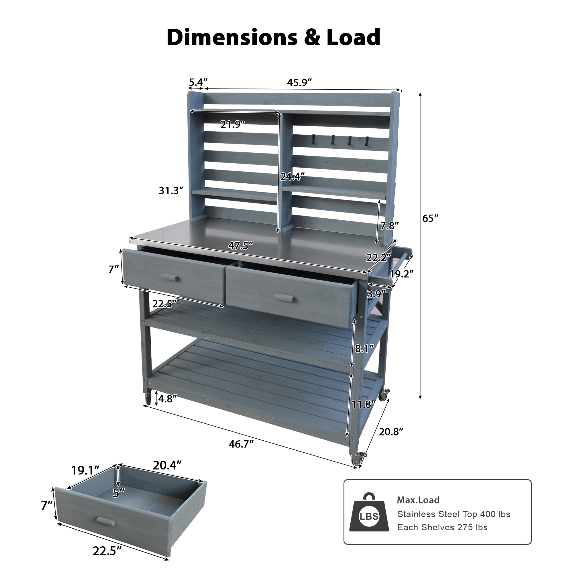 Blisstyle 64.9 Inchh Outdoor Potting Bench Table with Lockable Wheels Solid Wood Outdoor Kitchen Island