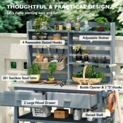 Blisstyle 64.9 Inchh Outdoor Potting Bench Table with Lockable Wheels Solid Wood Outdoor Kitchen Island
