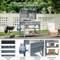 Blisstyle 64.9 Inchh Outdoor Potting Bench Table with Lockable Wheels Solid Wood Outdoor Kitchen Island