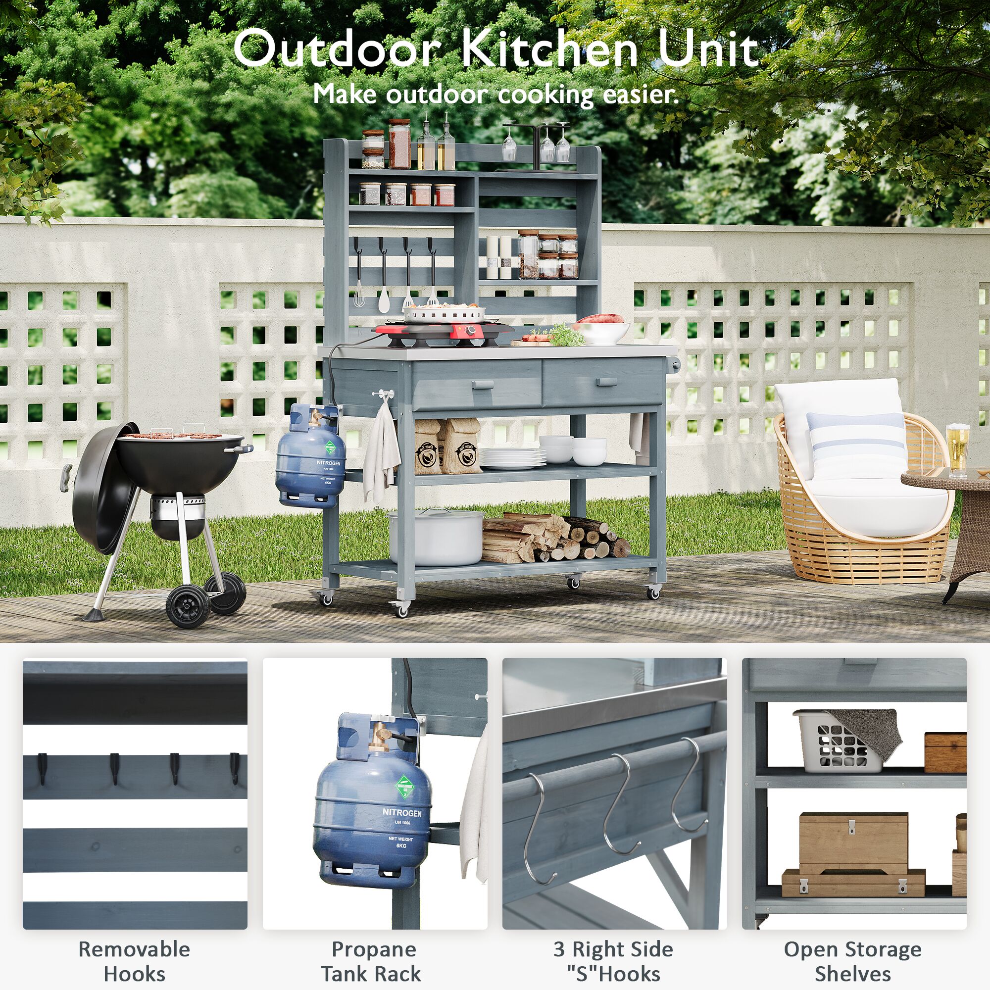 Blisstyle 64.9 Inchh Outdoor Potting Bench Table with Lockable Wheels Solid Wood Outdoor Kitchen Island