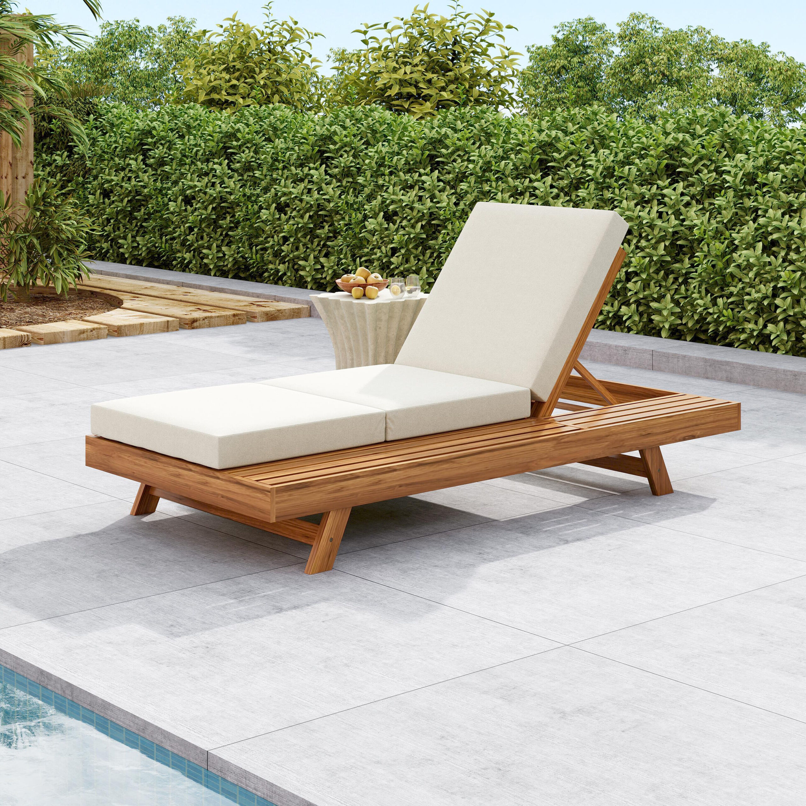 Homy Casa LCS Garden Outdoor Lounge Chaise Set Set of 1 Teak Acacia Wood with Cream Water-Resistant Cushions and Adjustable Backrest