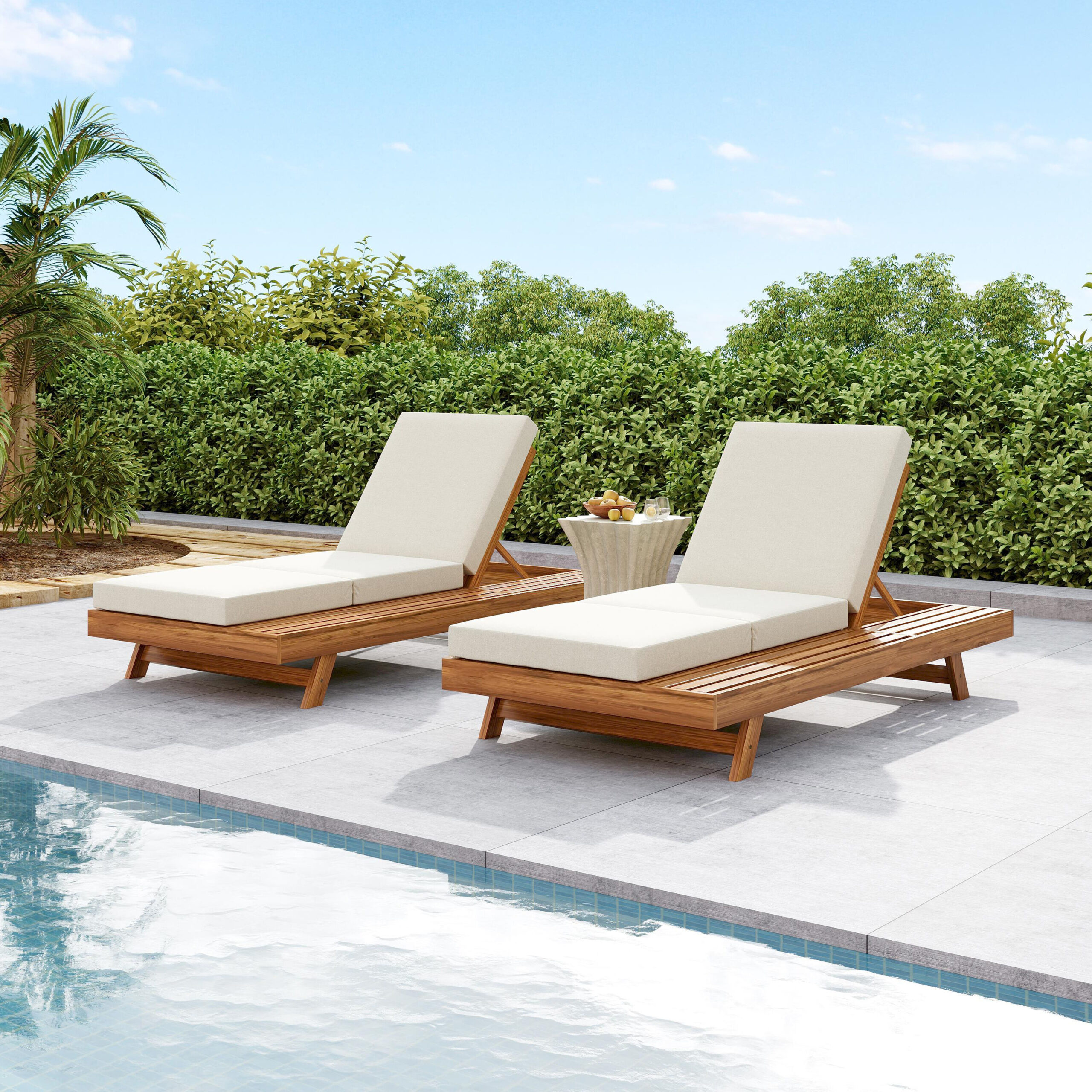 Homy Casa LCS Garden Outdoor Lounge Chaise Set Set of 1 Teak Acacia Wood with Cream Water-Resistant Cushions and Adjustable Backrest
