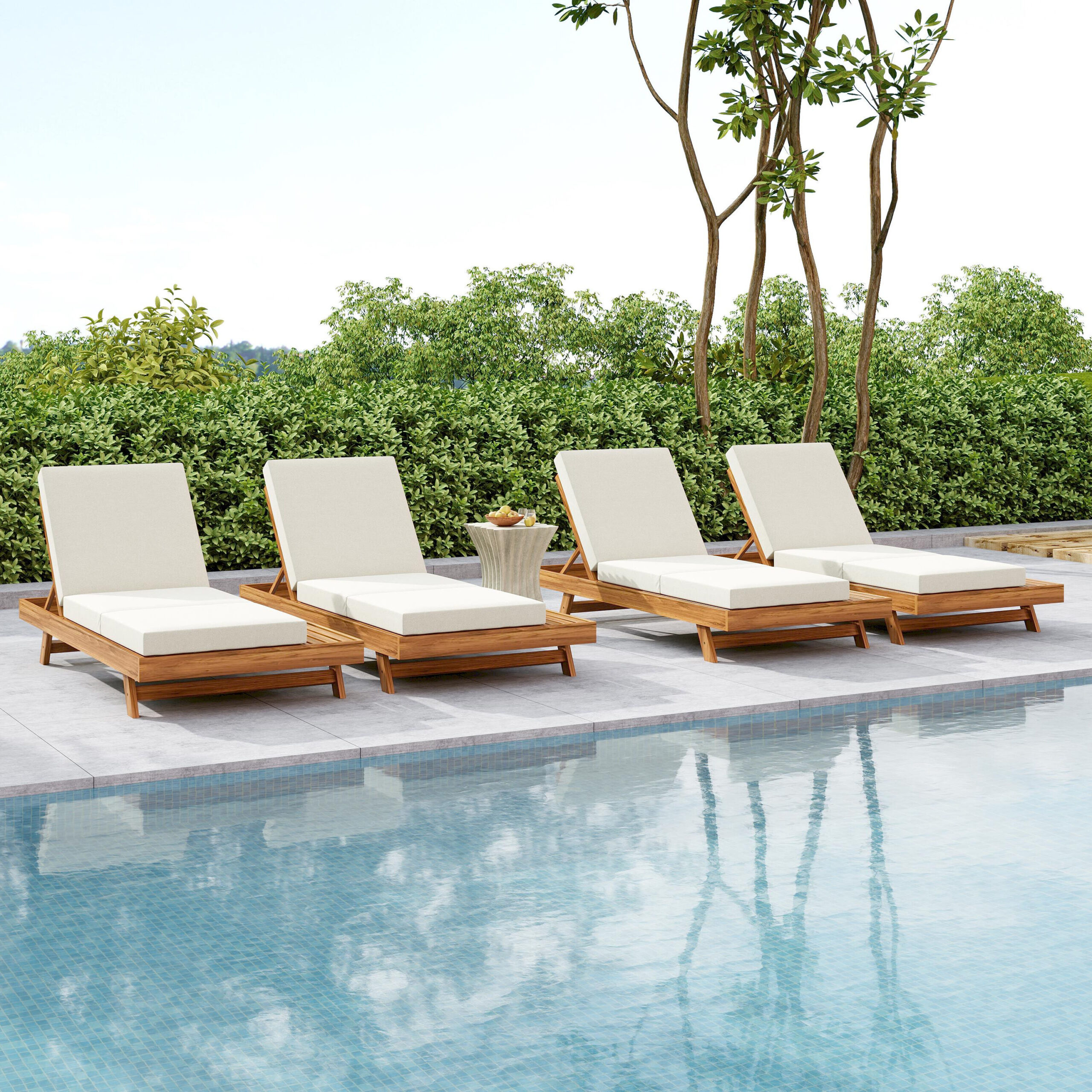 Homy Casa LCS Garden Outdoor Lounge Chaise Set Set of 1 Teak Acacia Wood with Cream Water-Resistant Cushions and Adjustable Backrest