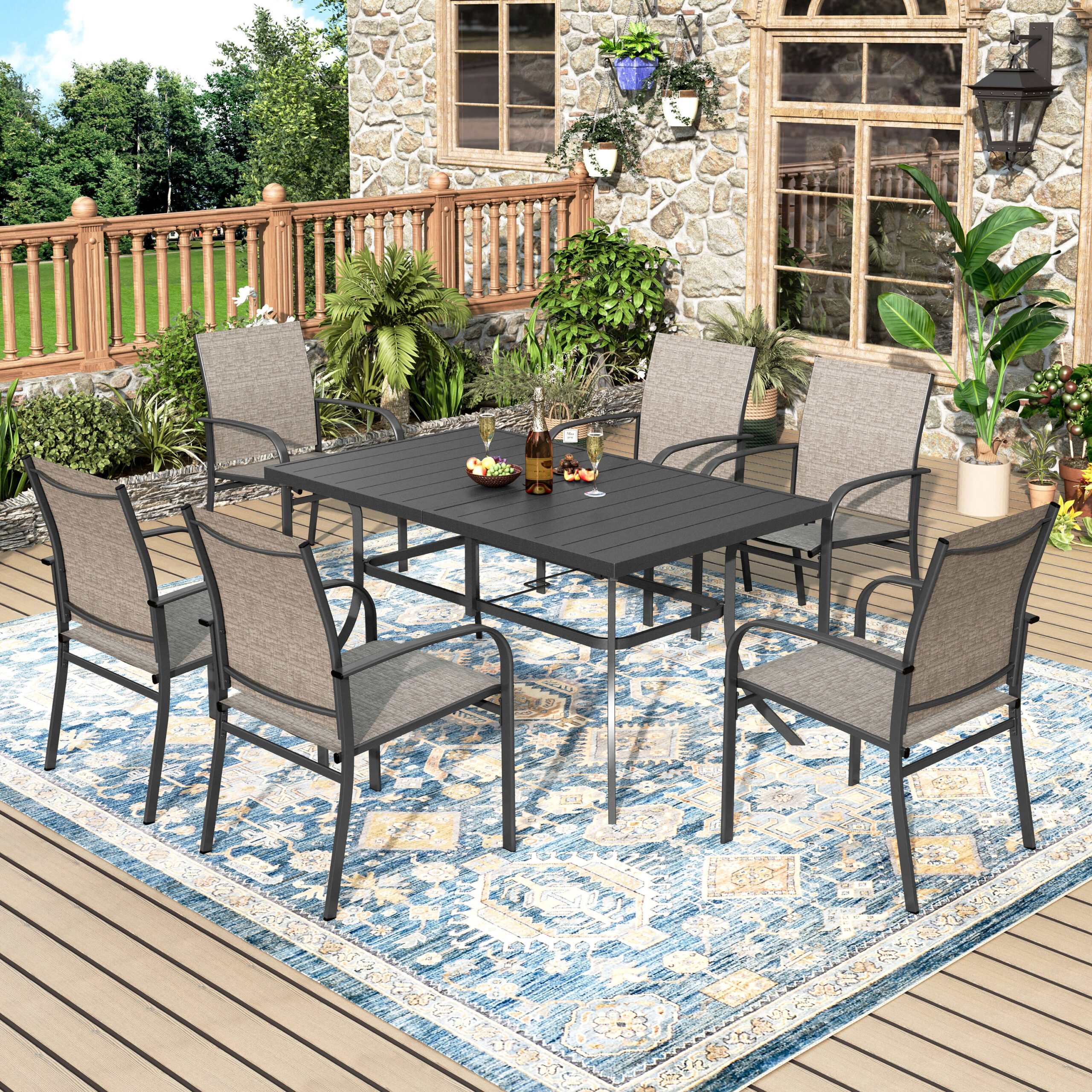 Sunshine Valley Outdoor Table and Chairs 7 -Piece Black Patio Dining Set Steel Rectangle Table with 6 Gray Stationary Chairs