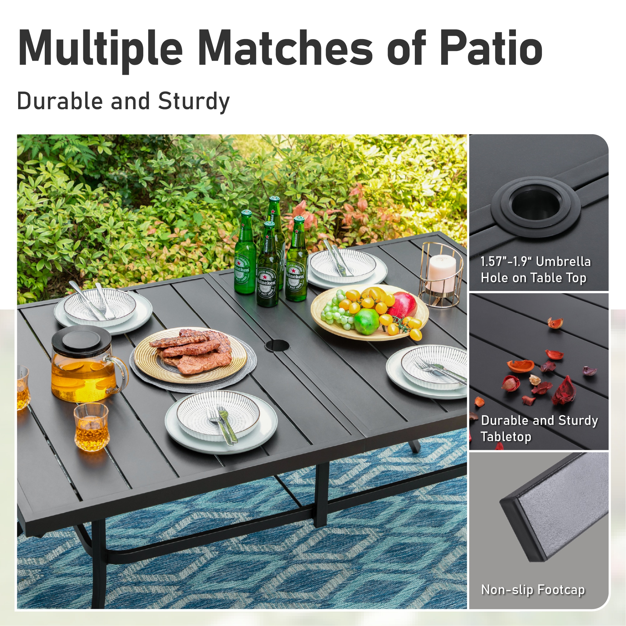 Sunshine Valley Outdoor Table and Chairs 7 -Piece Black Patio Dining Set Steel Rectangle Table with 6 Gray Stationary Chairs