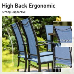 Sunshine Valley Outdoor Table and Chairs 7 -Piece Black Patio Dining Set Steel Rectangle Table with 6 Blue Stationary Chairs