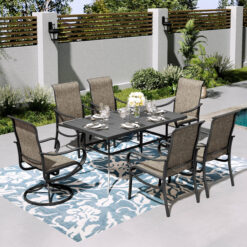 Sunshine Valley Outdoor Table and Chairs 7 -Piece Black Patio Dining Set Steel Rectangle Table with 6 Brown Stationary Chairs