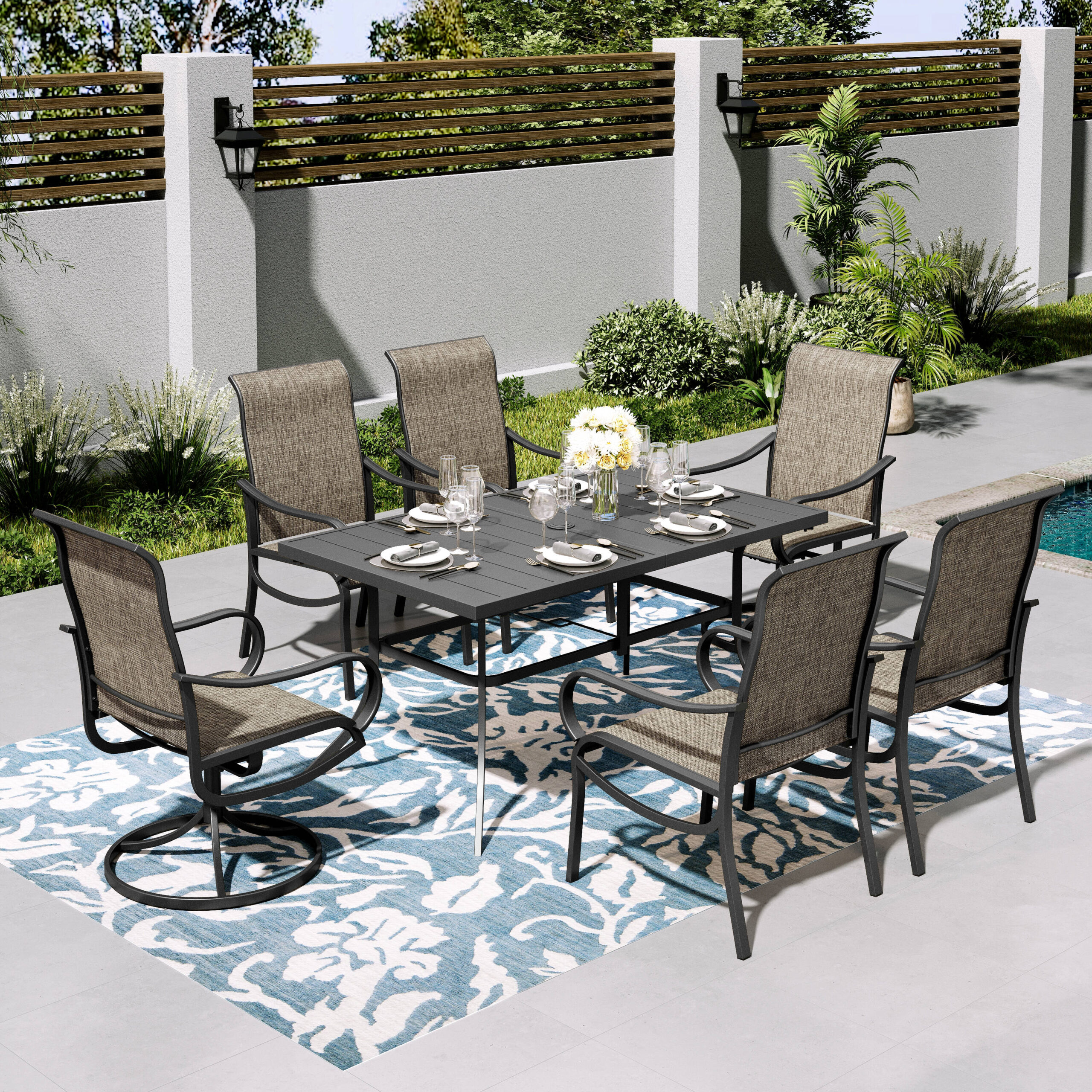 Sunshine Valley Outdoor Table and Chairs 7 -Piece Black Patio Dining Set Steel Rectangle Table with 6 Brown Stationary Chairs