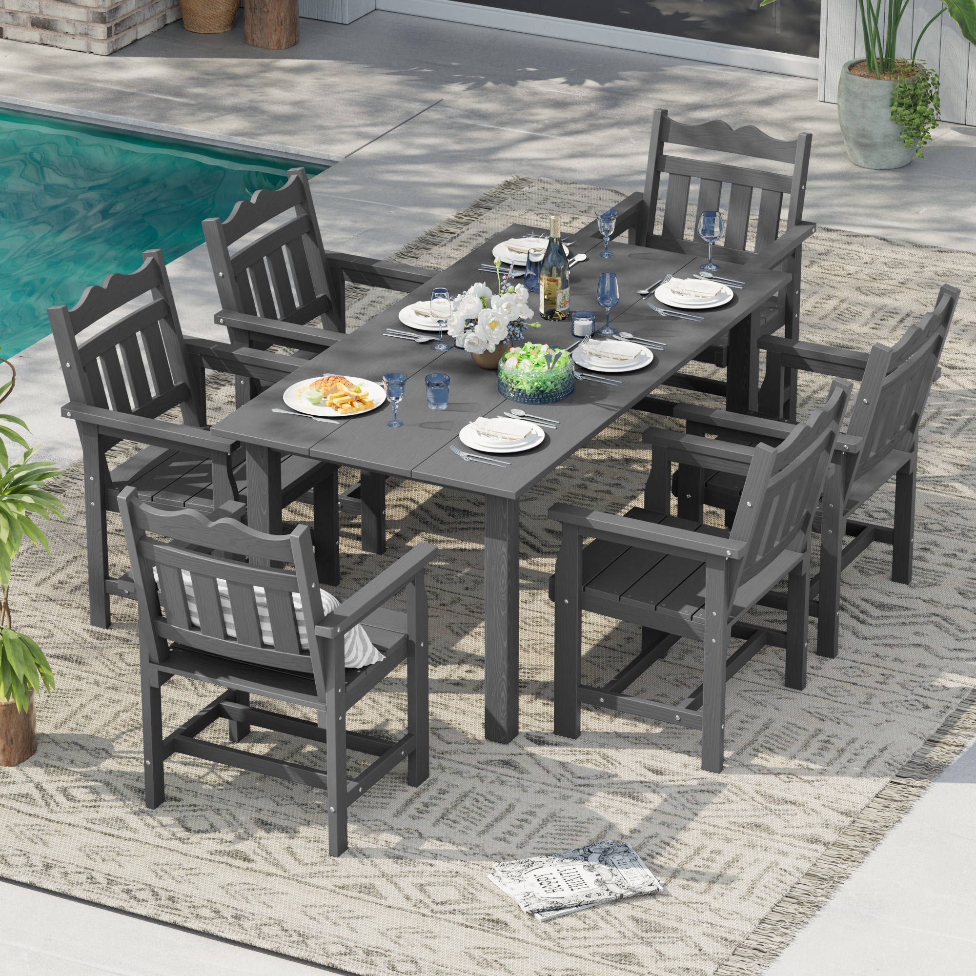 ACEGOSES Patio Dining Sets 7 -Piece Gray Patio Dining Set Plastic Rectangle Table with 6 Stationary Chairs