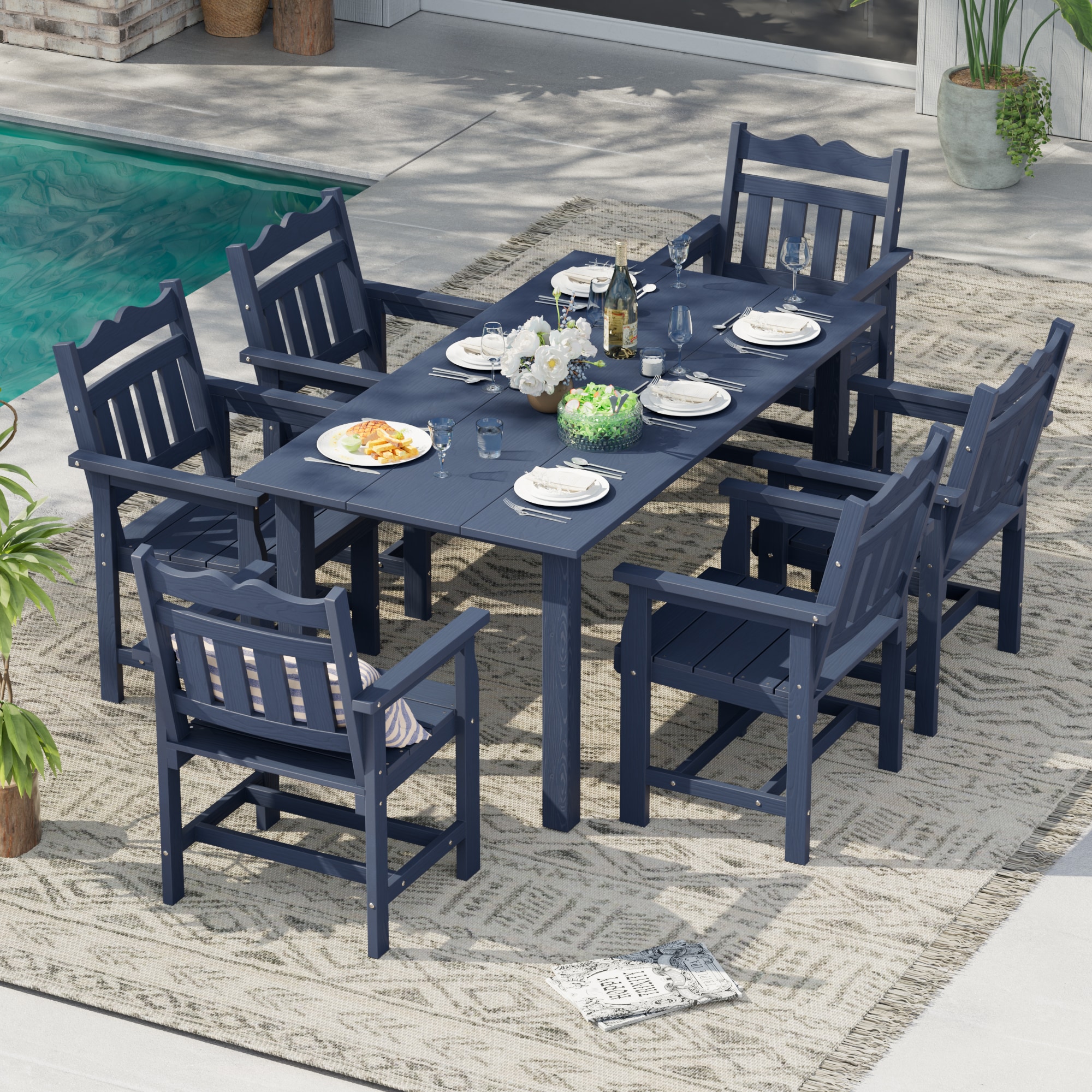ACEGOSES Patio Dining Sets 7 -Piece Navy Patio Dining Set Plastic Rectangle Table with 6 Stationary Chairs