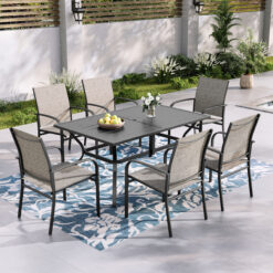 Sunshine Valley Outdoor Table and Chairs 7 -Piece Black Patio Dining Set Steel Rectangle Table with 6 Gray Stationary Chairs