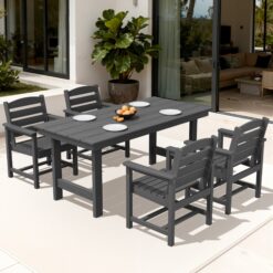Serwall Outdoor 5-Piece HDPE Patio Dining Set Rectangle 66.93-in L Dining Table with Umbrella Hole and 4 Wide Seat Chairs
