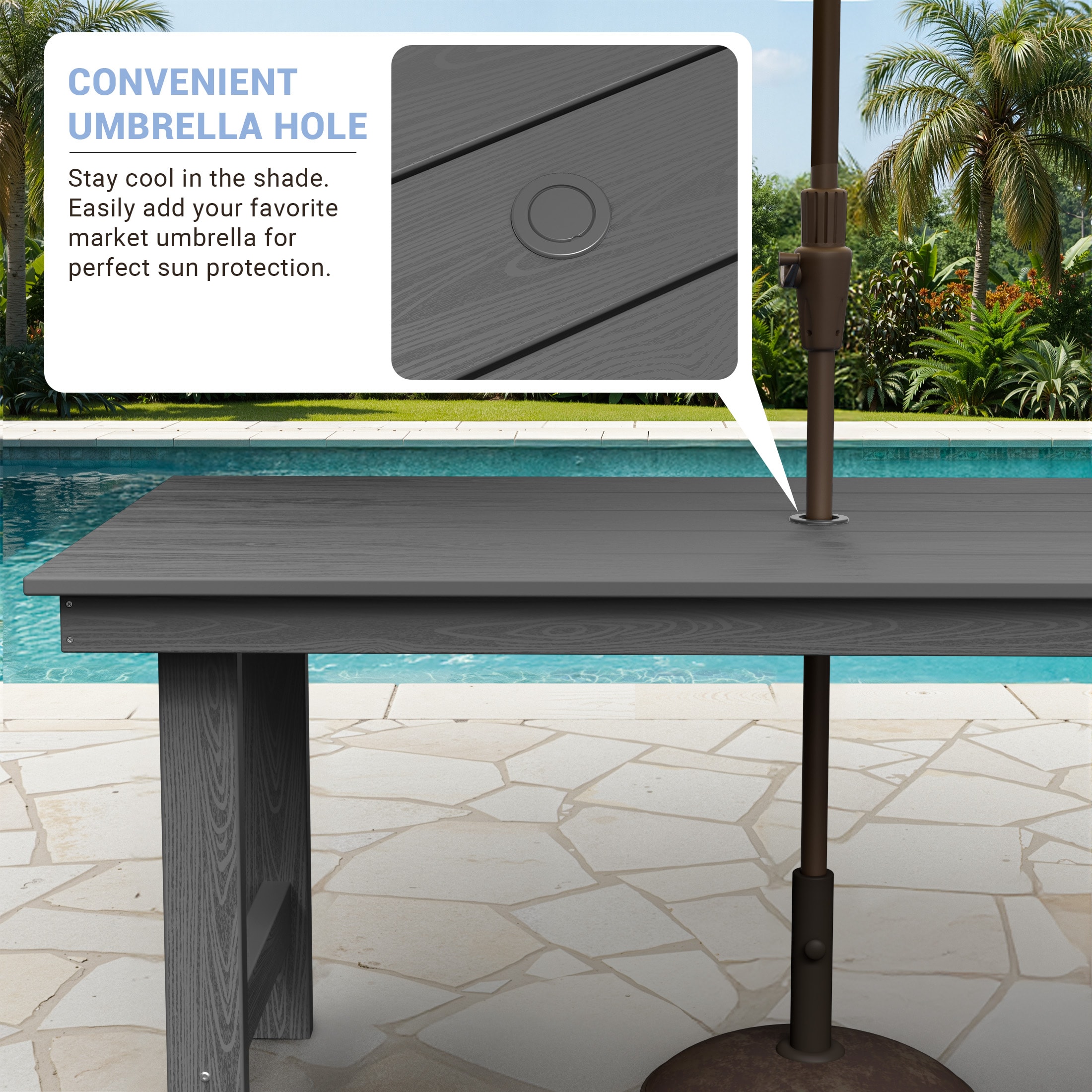 Serwall Outdoor 5-Piece HDPE Patio Dining Set Rectangle 66.93-in L Dining Table with Umbrella Hole and 4 Wide Seat Chairs
