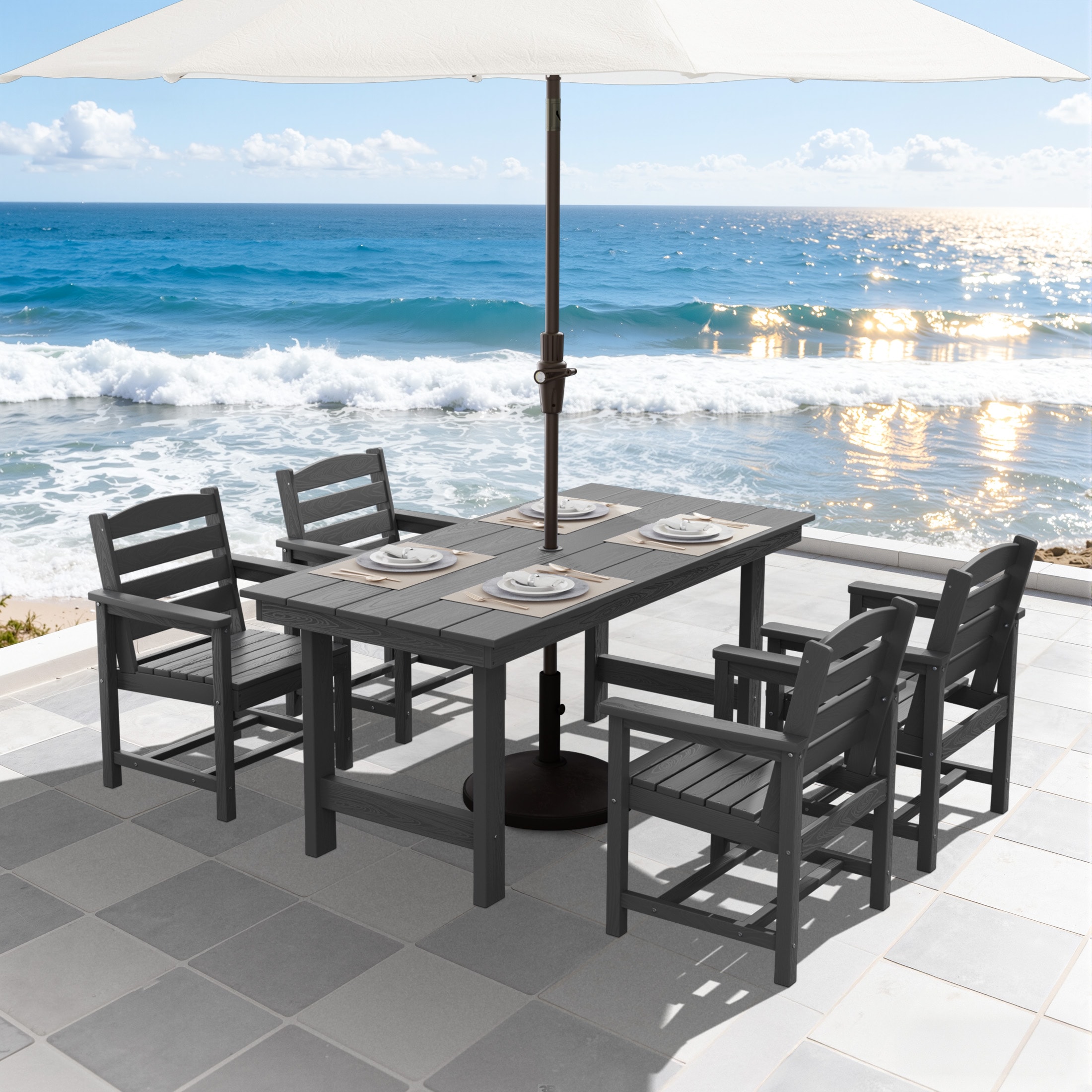 Serwall Outdoor 5-Piece HDPE Patio Dining Set Rectangle 66.93-in L Dining Table with Umbrella Hole and 4 Wide Seat Chairs