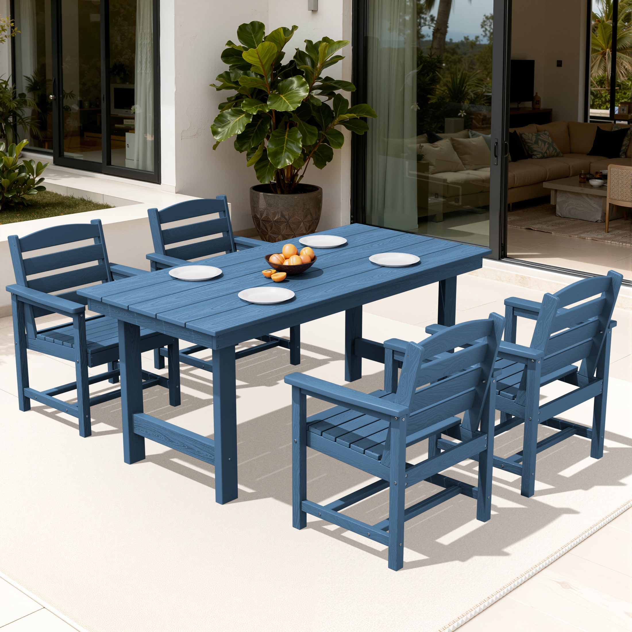 Serwall Outdoor 5-Piece HDPE Patio Dining Set Rectangle 66.93-in L Dining Table with Umbrella Hole and 4 Wide Seat Chairs