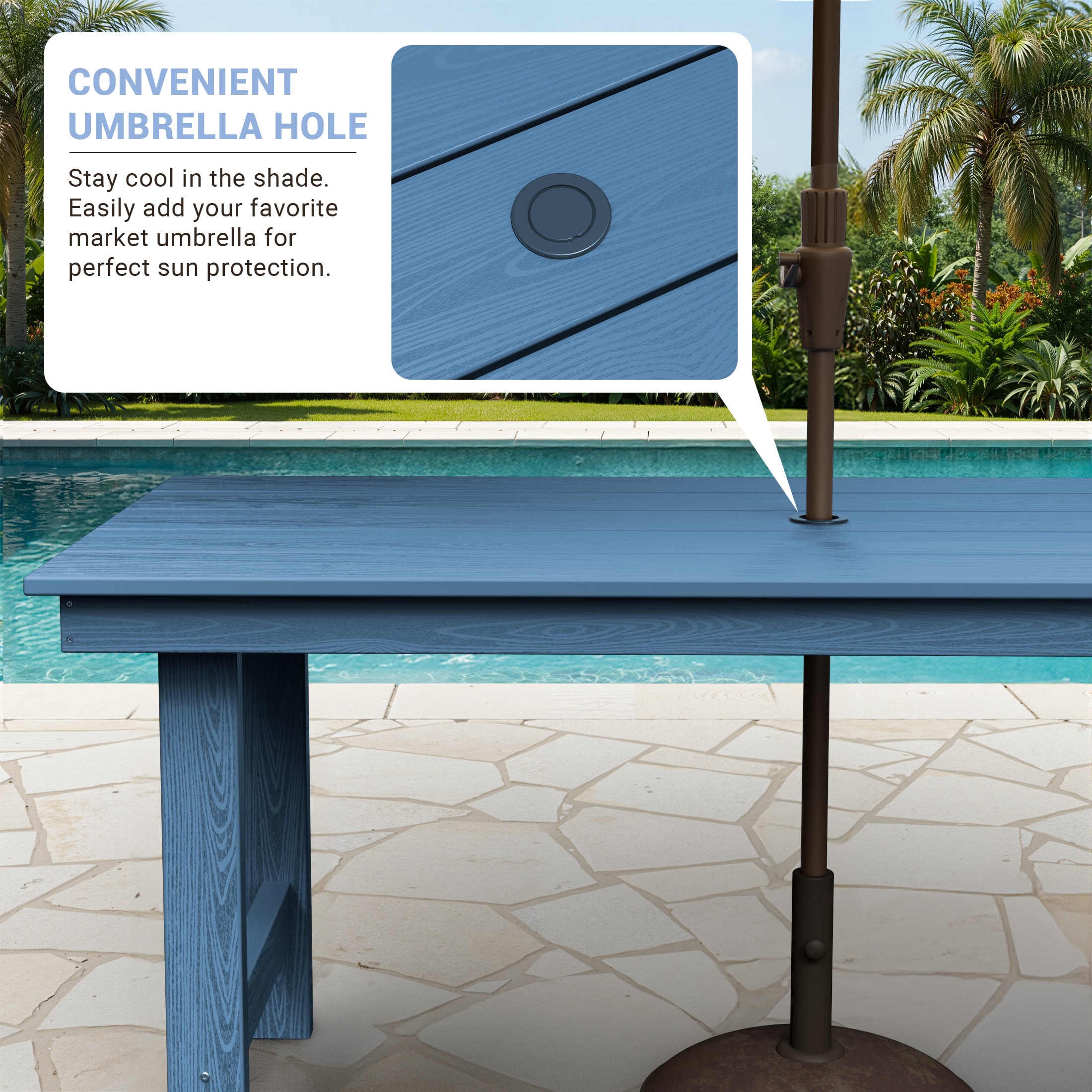 Serwall Outdoor 5-Piece HDPE Patio Dining Set Rectangle 66.93-in L Dining Table with Umbrella Hole and 4 Wide Seat Chairs
