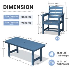 Serwall Outdoor 5-Piece HDPE Patio Dining Set Rectangle 66.93-in L Dining Table with Umbrella Hole and 4 Wide Seat Chairs
