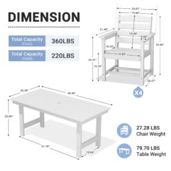 Serwall Outdoor 5-Piece HDPE Patio Dining Set Rectangle 66.93-in L Dining Table with Umbrella Hole and 4 Wide Seat Chairs