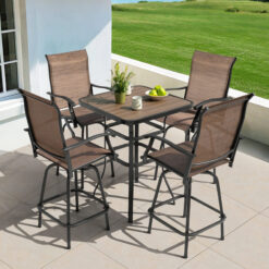Nuu Garden 5 -Piece Brown with gold point Bar Height Patio Dining Set Iron Square Table with 4 Brown Swivel Chairs