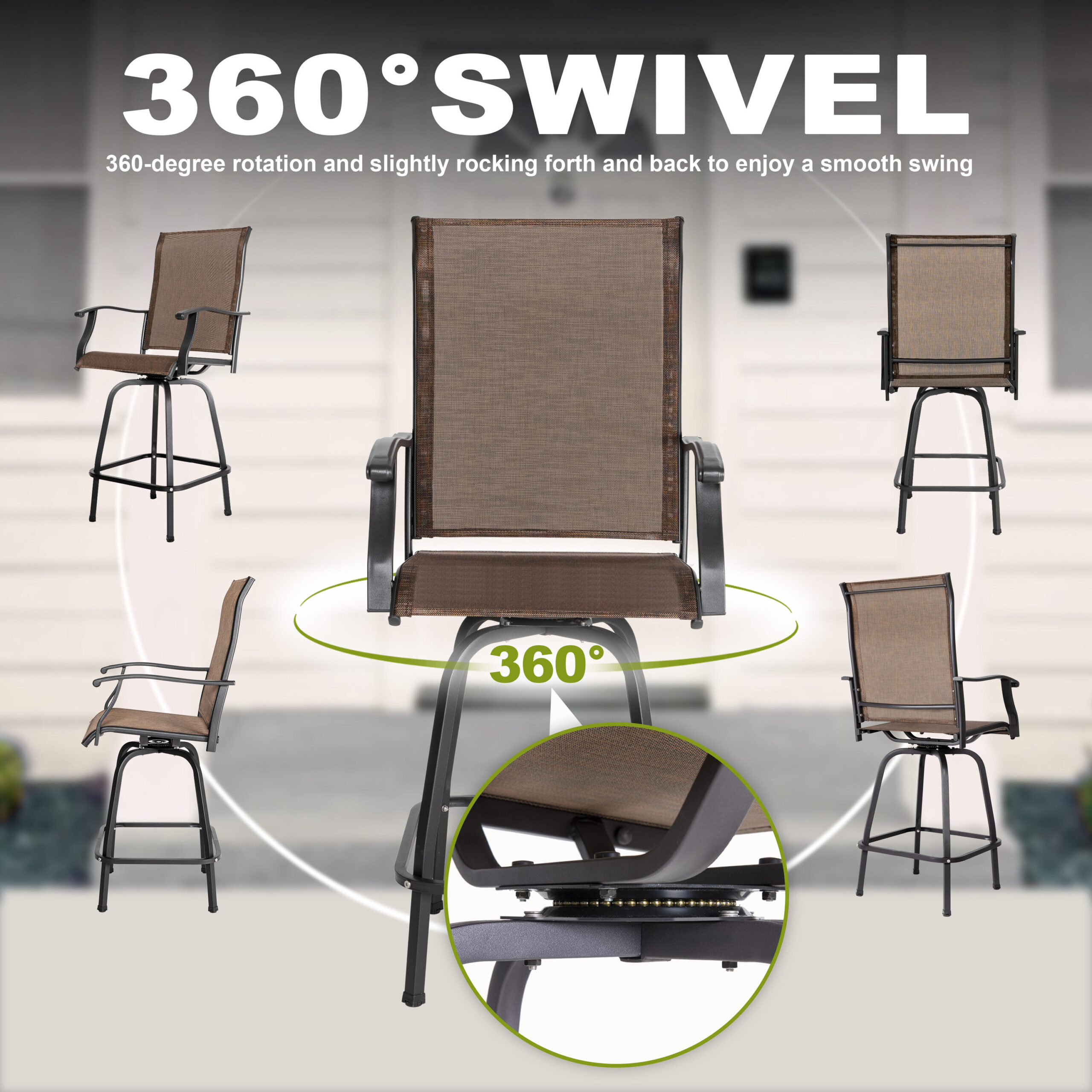 Nuu Garden 5 -Piece Brown with gold point Bar Height Patio Dining Set Iron Square Table with 4 Brown Swivel Chairs