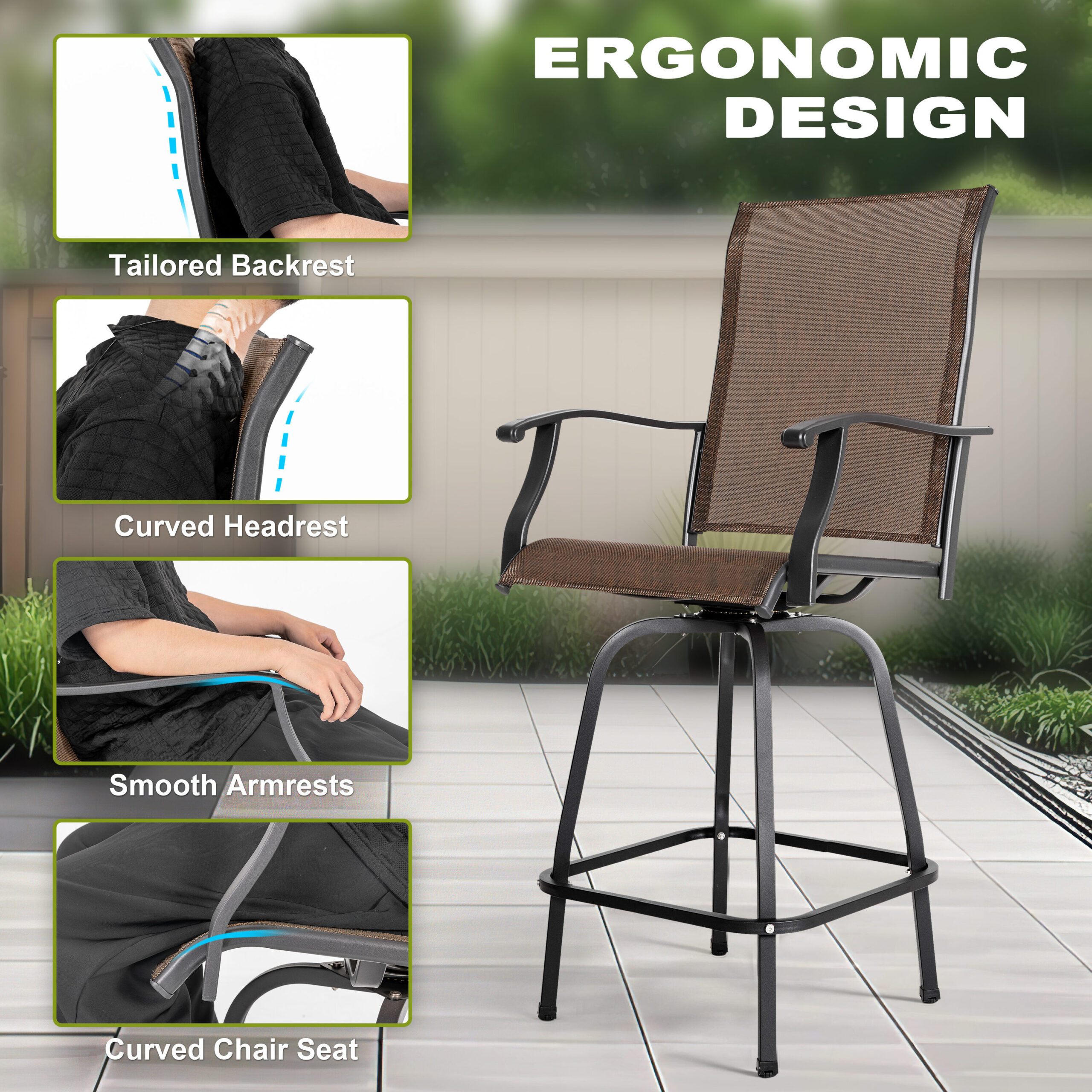 Nuu Garden 5 -Piece Brown with gold point Bar Height Patio Dining Set Iron Square Table with 4 Brown Swivel Chairs