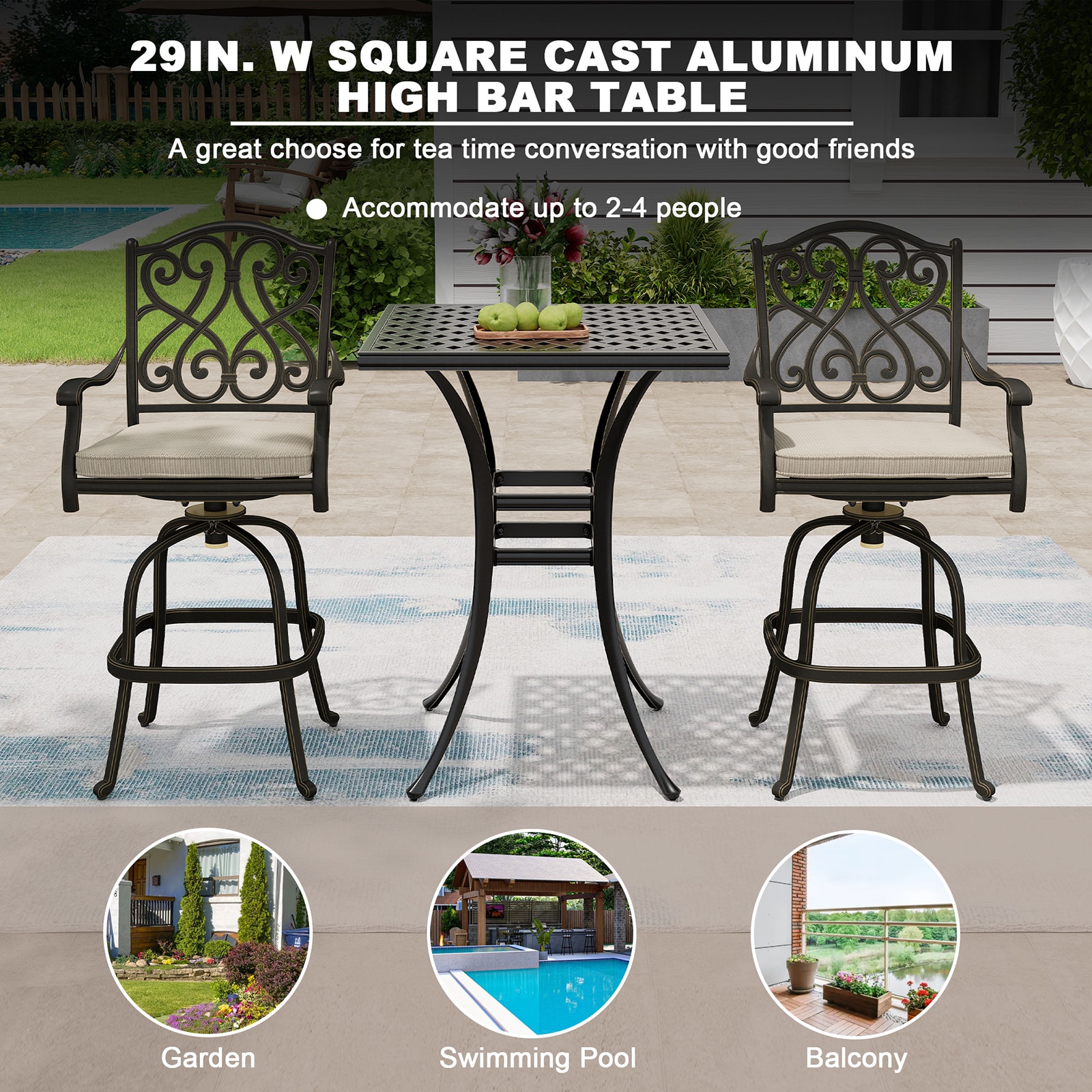 Mondawe Cast Aluminum Square Outdoor Bar height Table 29-in W x 29-in L with Umbrella Hole