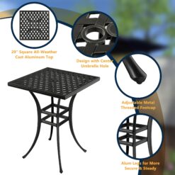 Clihome 29 Inch Cast Aluminum Bar Height Table with Umbrella Hole Square Outdoor Bar height Table 29-in W x 29-in L with Umbrella Hole