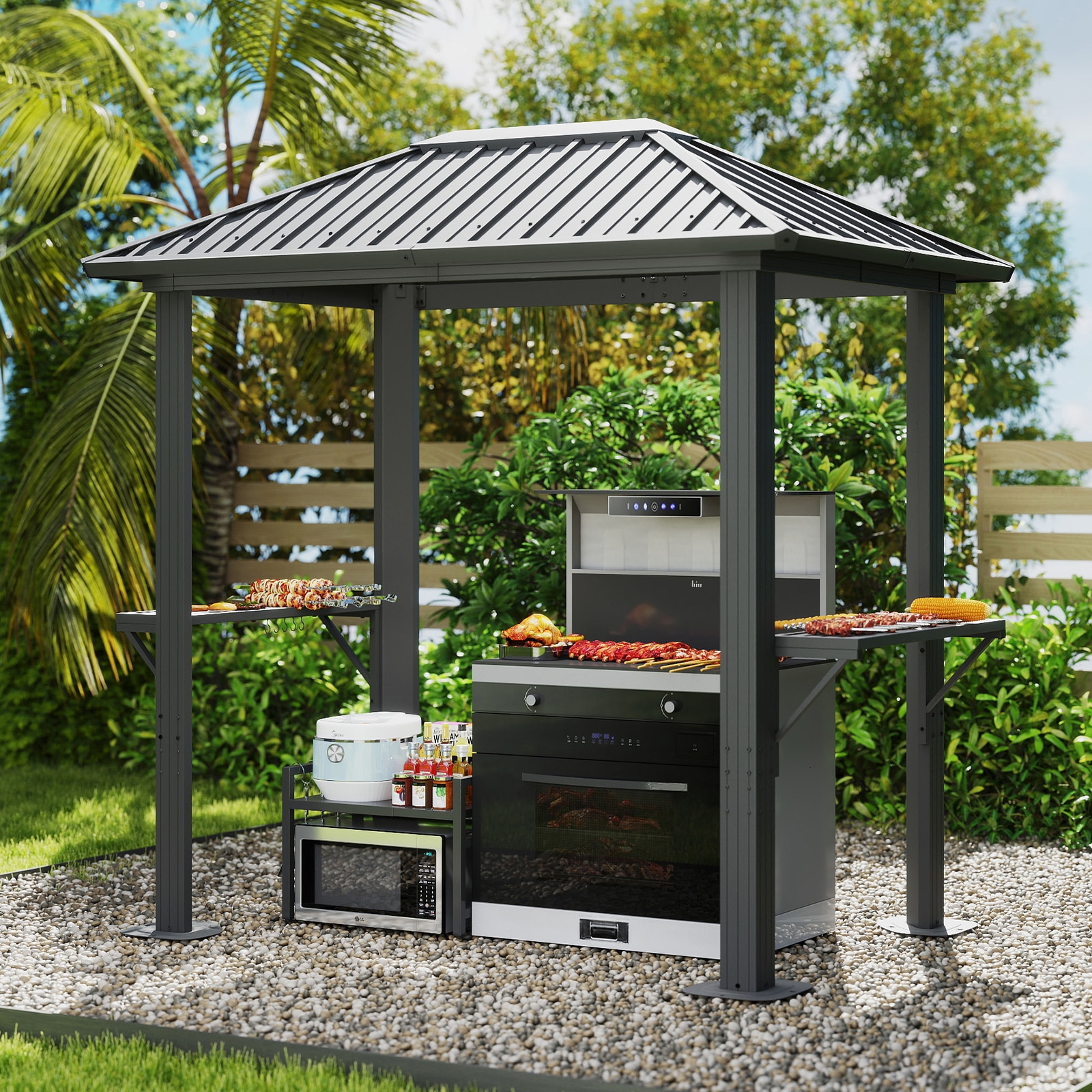AOXUN Grill Gazebo 8 x 5FT Aluminum BBQ Gazebo with Steel Top with Shelves for Lawn Patio Garden