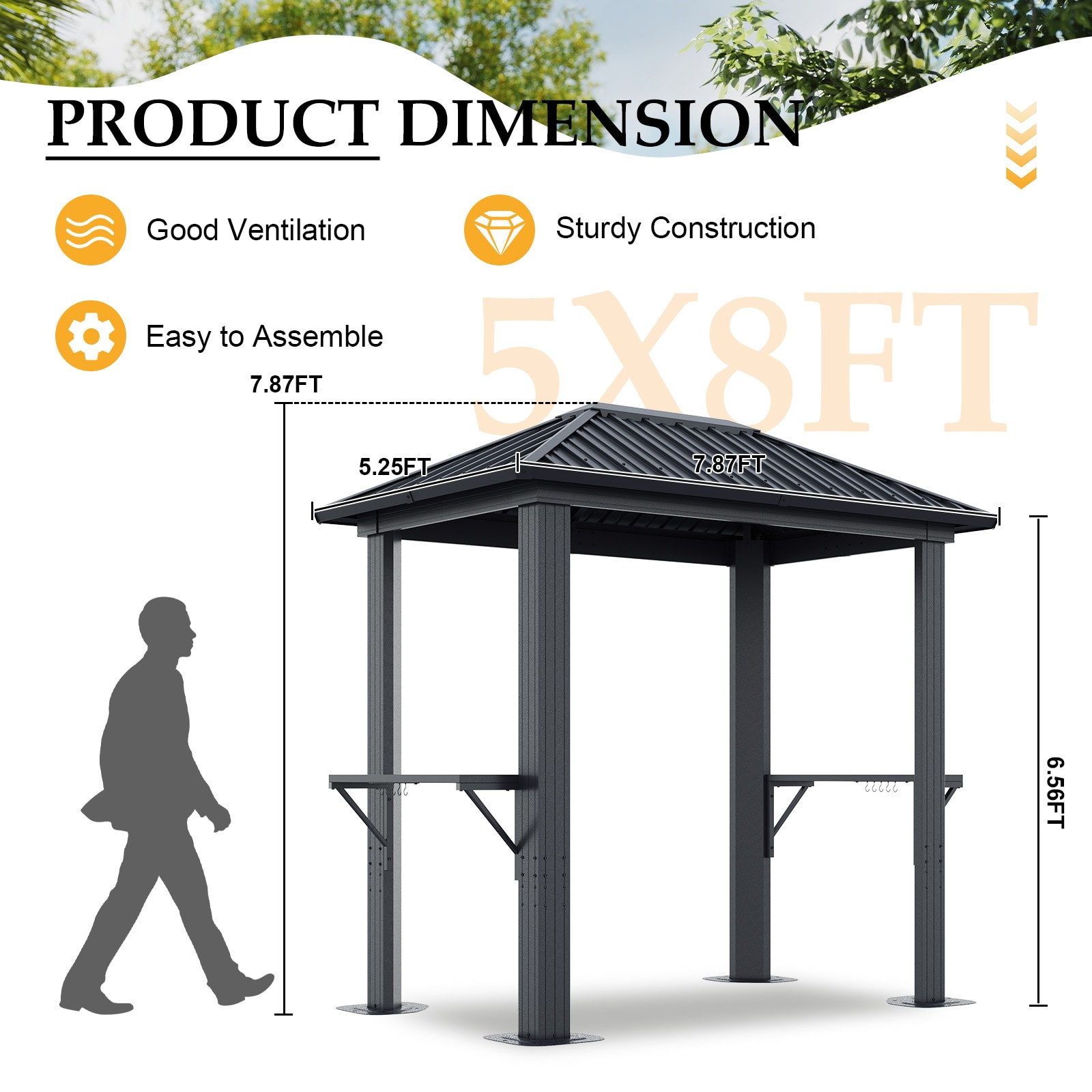 AOXUN Grill Gazebo 8 x 5FT Aluminum BBQ Gazebo with Steel Top with Shelves for Lawn Patio Garden
