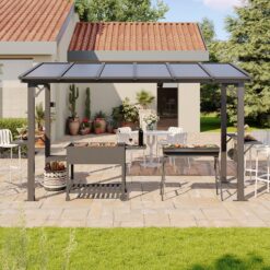 AOXUN 12x6 FT Gazebo with Polycarbonate Panel with Sloping Steel Roof Grill Gazebo with 2 Side Shelves and Hooks