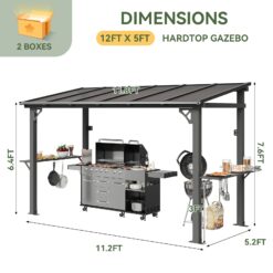 AOXUN 12x6 FT Gazebo with Polycarbonate Panel with Sloping Steel Roof Grill Gazebo with 2 Side Shelves and Hooks