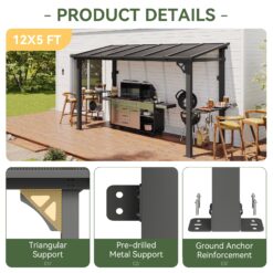 AOXUN 12x6 FT Gazebo with Polycarbonate Panel with Sloping Steel Roof Grill Gazebo with 2 Side Shelves and Hooks