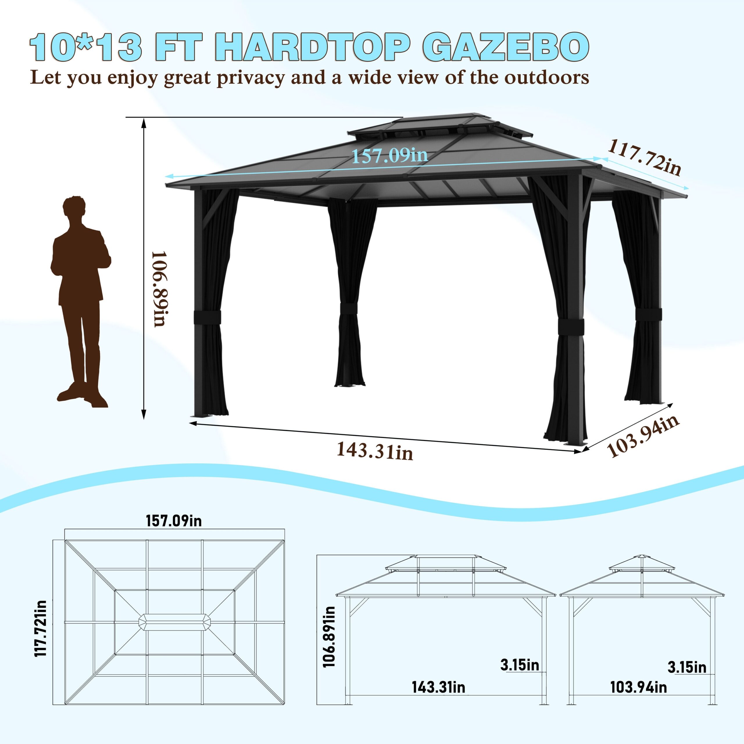 VEIKOUS 13-ft x 10-ft Gray Gazebo with Hardtop Roof (Screen Included)