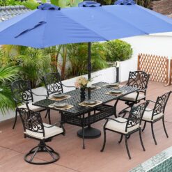 Mondawe Cast Aluminum Rectangle Extendable Outdoor Dining Table 37-in W x 80-in L with Umbrella Hole