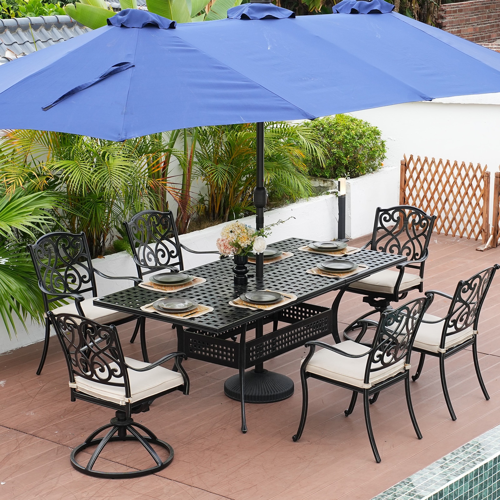 Mondawe Cast Aluminum Rectangle Extendable Outdoor Dining Table 37-in W x 80-in L with Umbrella Hole