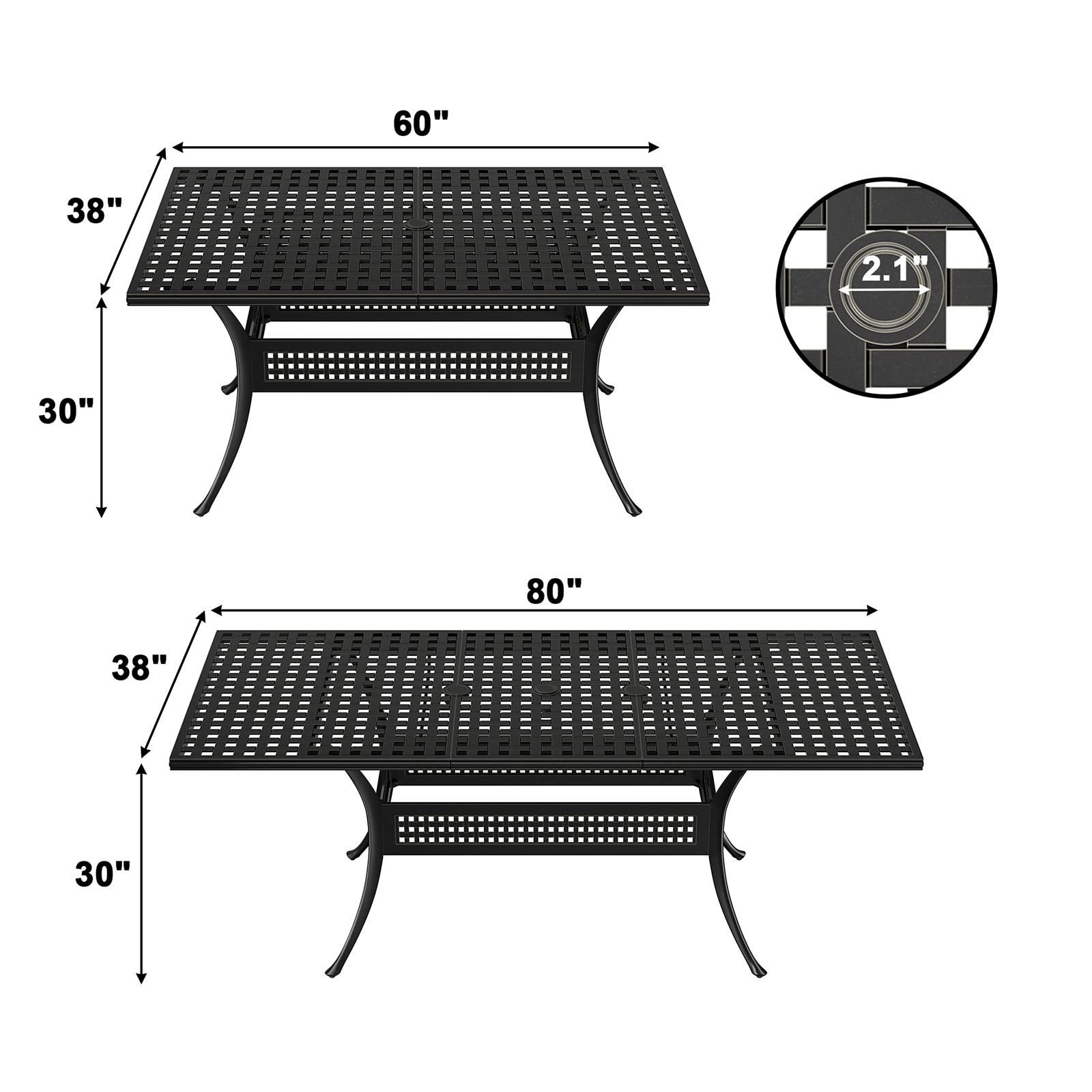 Mondawe Cast Aluminum Rectangle Extendable Outdoor Dining Table 37-in W x 80-in L with Umbrella Hole