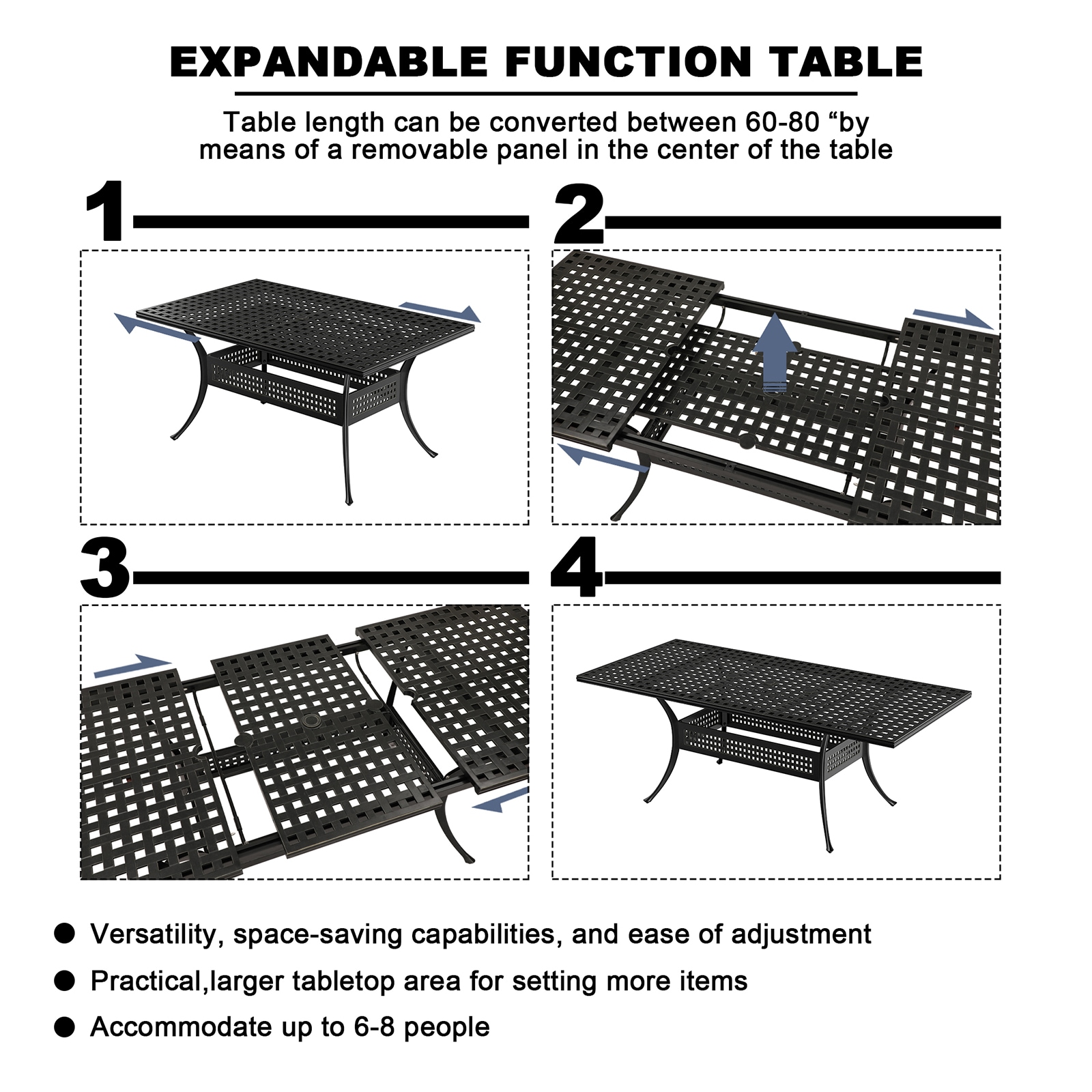 Mondawe Cast Aluminum Rectangle Extendable Outdoor Dining Table 37-in W x 80-in L with Umbrella Hole