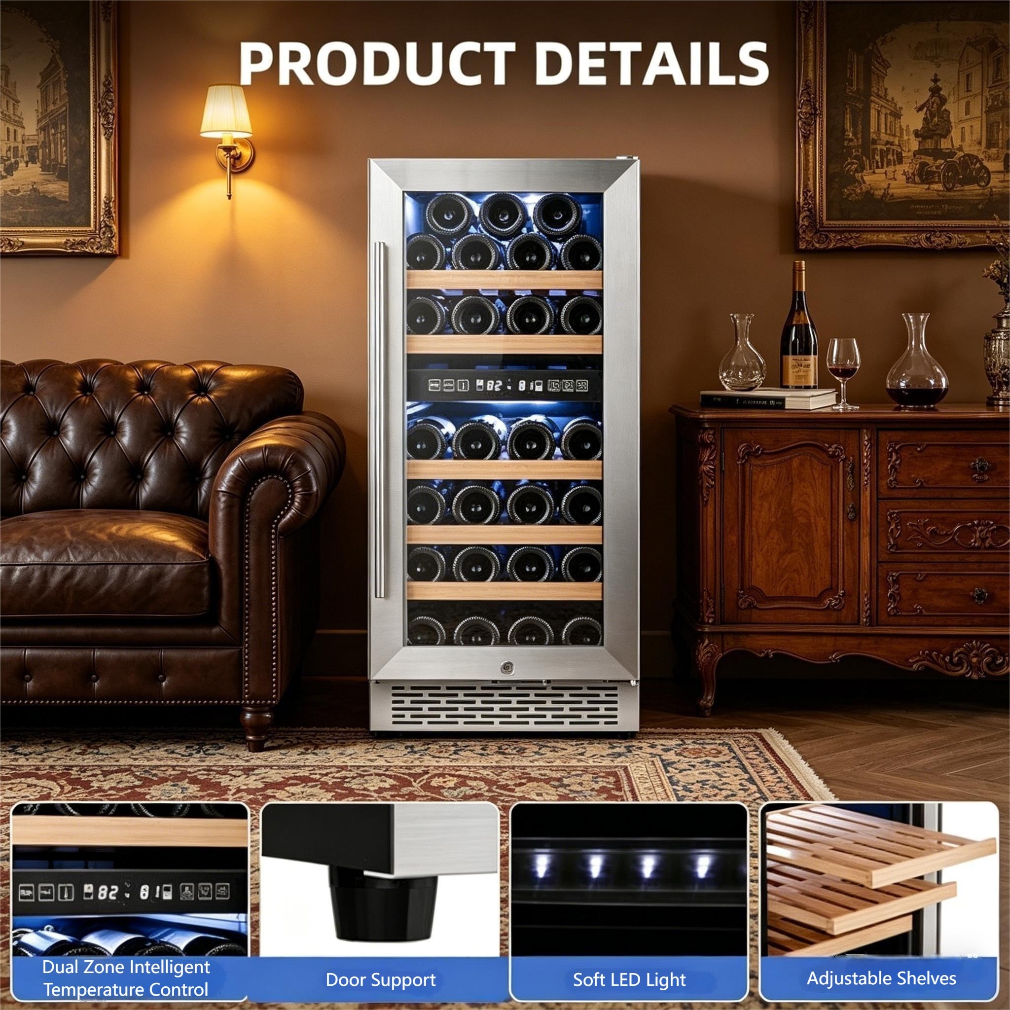 COWSAR 14.96-in W 31 -Bottles Silver Dual Zone Cooling Built-in/Freestanding Indoor Wine Cooler
