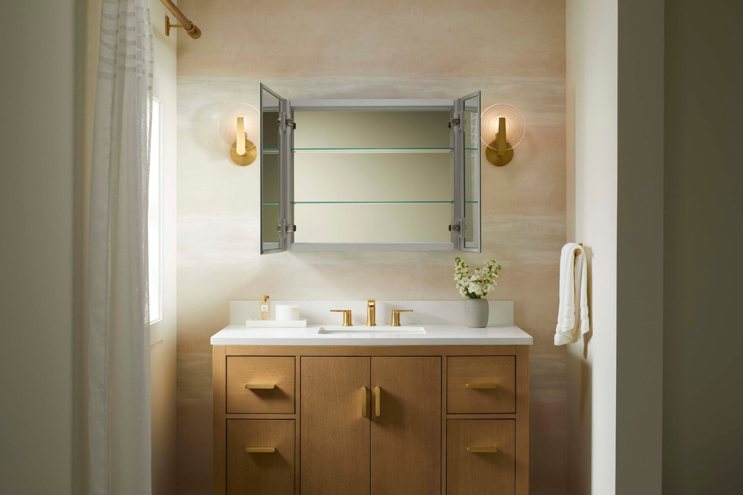 KOHLER Embark 35-in x 26-in Surface/Recessed Mount Anodized Aluminum Mirrored Rectangle Soft Close Medicine Cabinet