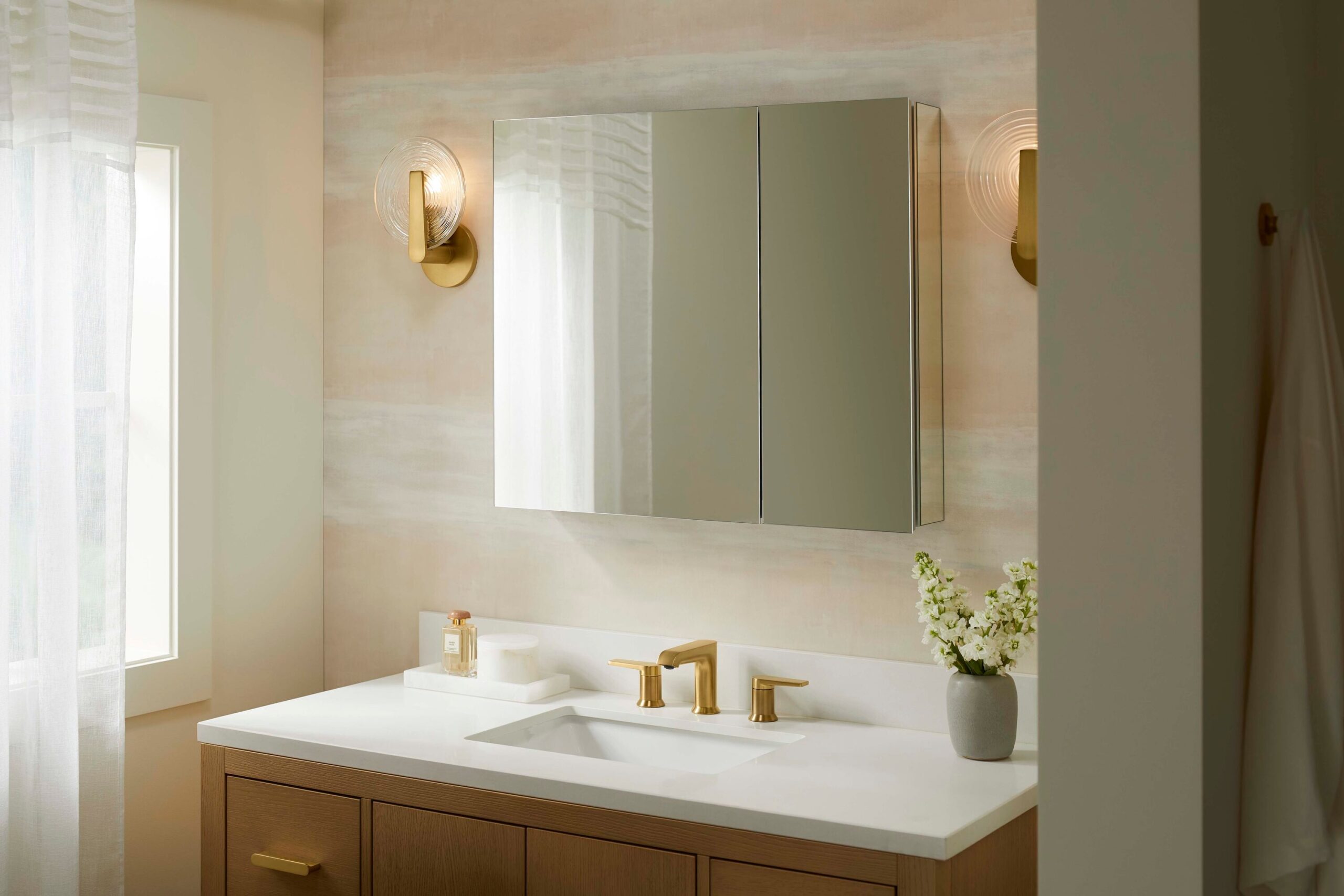 KOHLER Embark 35-in x 26-in Surface/Recessed Mount Anodized Aluminum Mirrored Rectangle Soft Close Medicine Cabinet